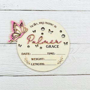 Wooden Newborn Stats Sign, Personalized Engraved Wood Plaque, Butterfly Theme, Newborn Reveal Announcement, Photo Prop, Baby Shower Gift