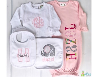 Personalized Baby Girl Gift Set, Bib, Burp Cloth, & Gown with Appliqué, Monogrammed Bodysuit, Soft Cotton, Baby Shower Gift, Newborn Outfit