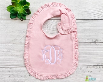 Monogrammed Pink Baby Ruffle Bib, Personalized Girl Baby Gift, Baby Name Monogram Bib, Baby Shower Gift, Custom Baby Bib, Baby Feeding Gift