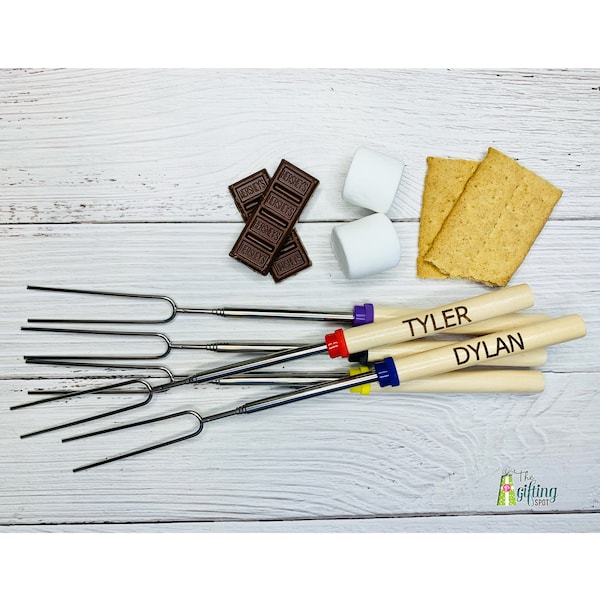 Custom Engraved Marshmallow Sticks, Personalized Roasting Fork, 32" Skewers for S'mores, Hot Dogs, Camping, Campfire, Fire Pit, Telescoping