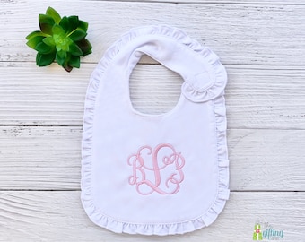 Monogrammed Ruffle Baby Bib, Personalized Girl Gift