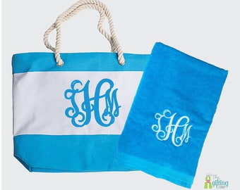 Ensemble de plage monogrammé, sac et serviette de plage personnalisés, sac nautique rayé, serviette en velours, ensemble de piscine, ensemble cadeau d'été, cadeau de nom personnalisé