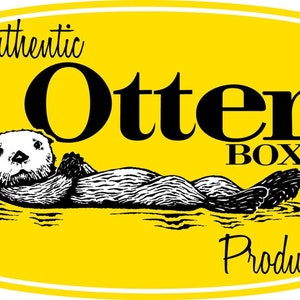 May include: A yellow rectangle with a white border features a black and white illustration of an otter swimming. The text "Authentic Otter Box Products!" is written in black cursive.