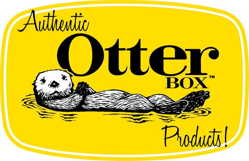 May include: A yellow rectangle with a white border features a black and white illustration of an otter swimming. The text "Authentic Otter Box Products!" is written in black cursive.