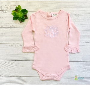 Monogrammed Pink Ruffle Bodysuit, Personalized Baby Clothing, New Baby Gift, Infant Newborn Name One Piece, Soft Cotton, Baby Shower Gift