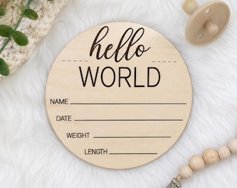 Hallo wereld aankondigingsbord voor pasgeborenen | Gepersonaliseerd houten geboorteplaatje | Fotorekwisiet voor in het ziekenhuis | Kraamcadeau
