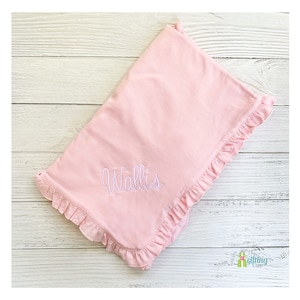 Monogrammed Pink Baby Ruffle Blanket, Personalized Girl Baby Gift, Baby Shower Gift, Soft Cotton, Infant Newborn Blanket, Baby Bedding Throw
