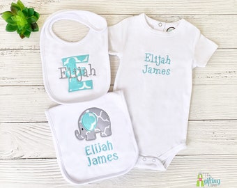 Personalized Boy Baby Gift, Bib and Burp Cloth with Appliqué, Monogram Bodysuit, Soft Cotton Set, Custom Baby Shower Gift, Newborn Baby Set