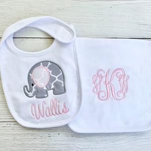Personalized Girl Baby Gift, Monogrammed Burp Cloth and Bib with Appliqué, Soft Cotton, Baby Shower Gift, Infant Newborn Baby Feeding Set
