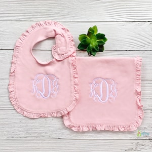 Monogrammed Pink Ruffle Bib & Burp Cloth, Baby Shower Gift, Personalized Girl Baby Set, Custom Cotton Bib and Burp Cloth, Baby Feeding Gift