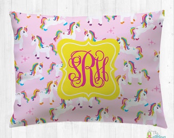 Monogrammed Pillowcase, Standard Pillowcase, Microfiber Pillowcase, College Dorm Pillow, Personalized Bedding, Unicorns Design