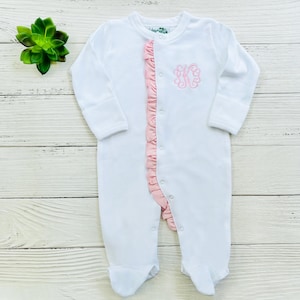 Monogrammed White Baby Ruffle Bodysuit, Personalized Baby Clothing, New Baby Gift, Infant Newborn Name One Piece, Soft Cotton, Baby Shower