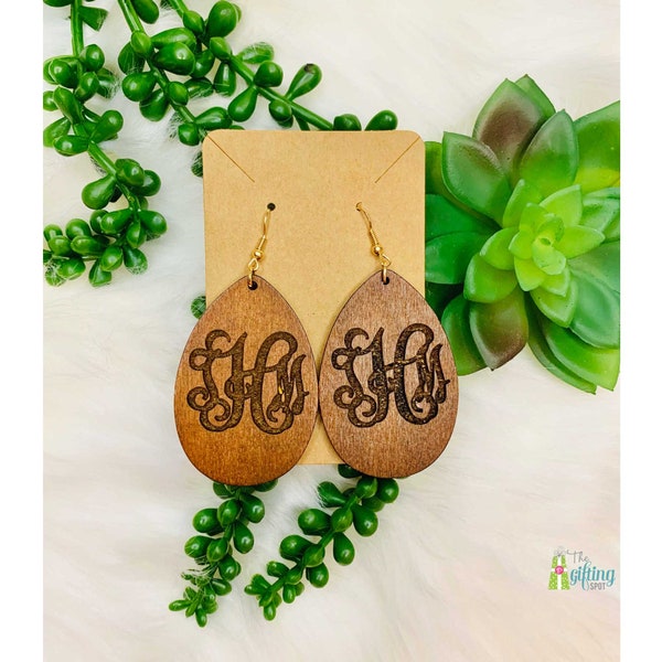 Monogrammed Wooden Tear Drop Earrings, Personalized Dangle Earrings, Lightweight Wood, Trendy Earrings, Gift For Women, Laser Engraved