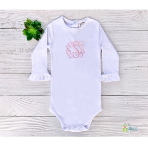 Monogrammed White Baby Ruffle Bodysuit, Personalized Baby Clothing, New Baby Gift, Infant Newborn Name One Piece, Soft Cotton, Baby Shower