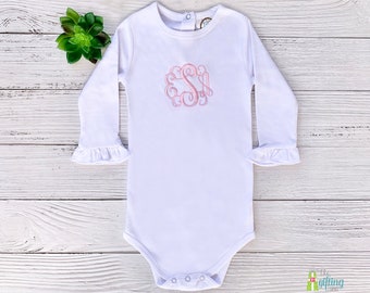 Monogrammed White Baby Ruffle Bodysuit, Personalized Baby Clothing, New Baby Gift, Infant Newborn Name One Piece, Soft Cotton, Baby Shower