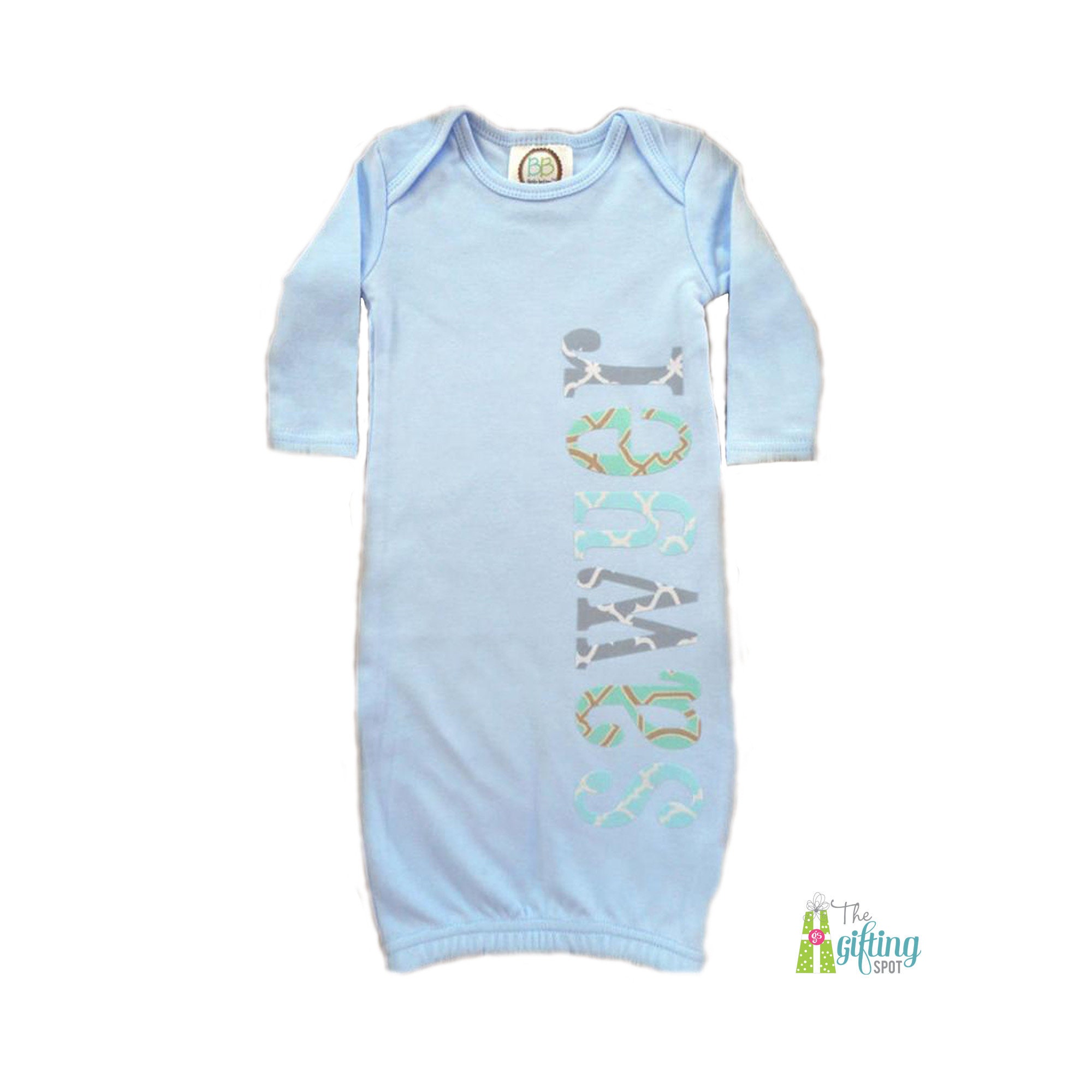 Baby boy monogrammed gown white and baby blue, baby boy take home outf –  Sweet and Stitched