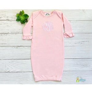 Monogrammed Baby Girl Ruffle Gown, Personalized Baby Gown, Coming Home Outfit, Baby Shower Gift, Soft Cotton Name Gown, Newborn Clothing