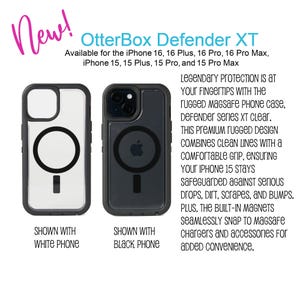 May include: Two OtterBox Defender XT phone cases, one for a white phone and one for a black phone. Both cases have a clear back and a black ring with a white Apple logo in the centre. The text "LEGENDary ProTECTION IS AT YOUR FINGERTIPS WITH THE rugged MAGSAFE PHONE case, DEFENDer series XT Clear." is visible in the image.
