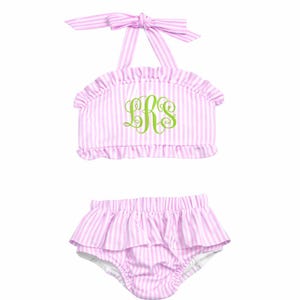 Personalized Girls Seersucker Swimsuit, Monogrammed Two-Piece Ruffle Bikini, Toddler Bathing Suit, Baby Swimsuit