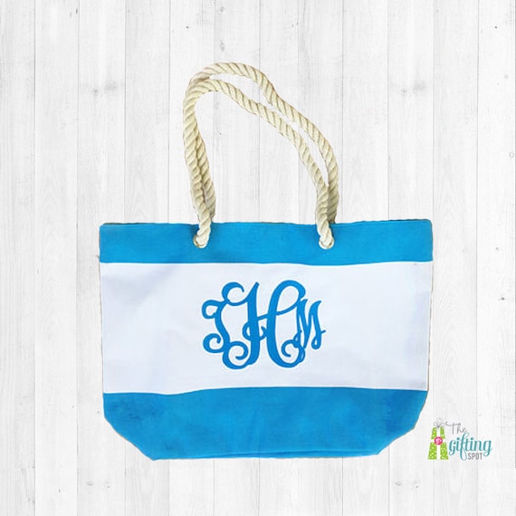 monogrammed beach bag personalized beach tote striped bag etsy