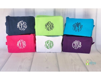 Monogrammed Cosmetic Bag, Waffle Make Up Bag, Personalized Spa Bag, Travel Bag, Lined Toiletry Bag, Gift for Her, Bridesmaid Gift