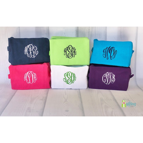 Monogrammed Cosmetic Bag, Waffle Make Up Bag, Personalized Spa Bag, Travel Bag, Lined Toiletry Bag, Gift for Her, Bridesmaid Gift