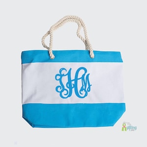 Monogrammed Beach Bag, Personalized Nautical Tote, Large Striped Bag, Pool Tote, Summer Tote, Rope Handles, Custom Name, Bridesmaid Bag
