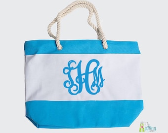 Monogrammed Striped Beach Tote, Nautical Rope Handles