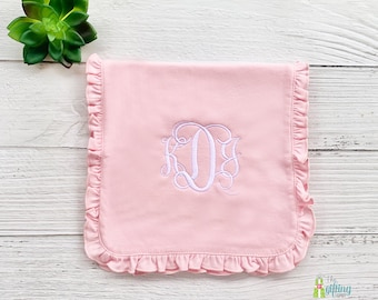 Monogrammed Pink Ruffle Burp Cloth, Personalized Baby Burp Cloth, Girl Baby Gift, Baby Shower Gift, Custom Burp Cloth, Baby Feeding Gift