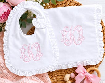 Monogrammed White Ruffle Bib and Burp Cloth, Baby Shower Gift, Personalized Girl Baby Set, Custom Baby Bib and Burp Cloth, Baby Feeding Gift