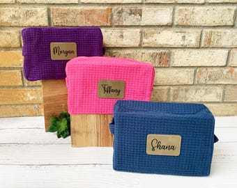 Leather Patch Cosmetic Bag, Engraved Waffle Make Up Bag, Personalized Spa Bag, Travel Bag, Lined Toiletry Bag, Gift for Her, Bridesmaid Gift
