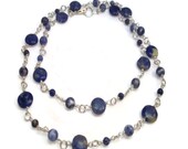 Long Lapis Lazuli Wire Wrapped Necklace, Sterling Silver, Navy Blue Gemstone Necklace
