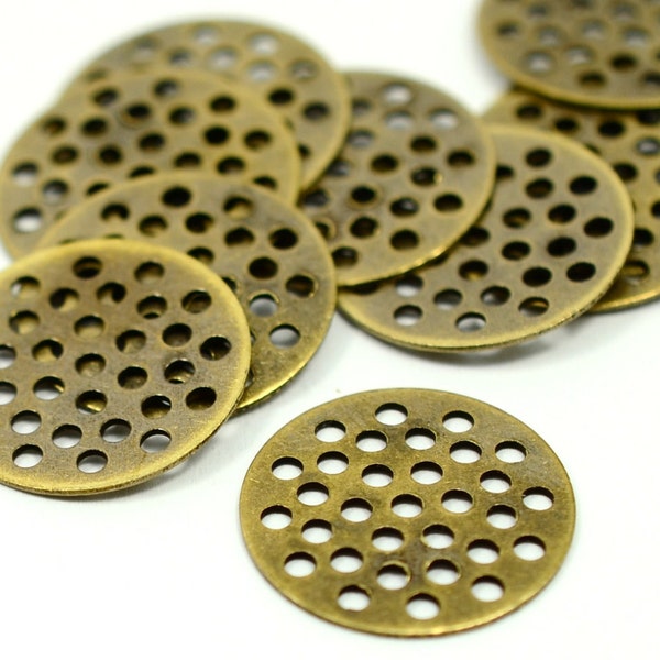 10 Pieces Antique Brass 16 mm Perforated Disc Findings- Multi Hole Disc   AB59