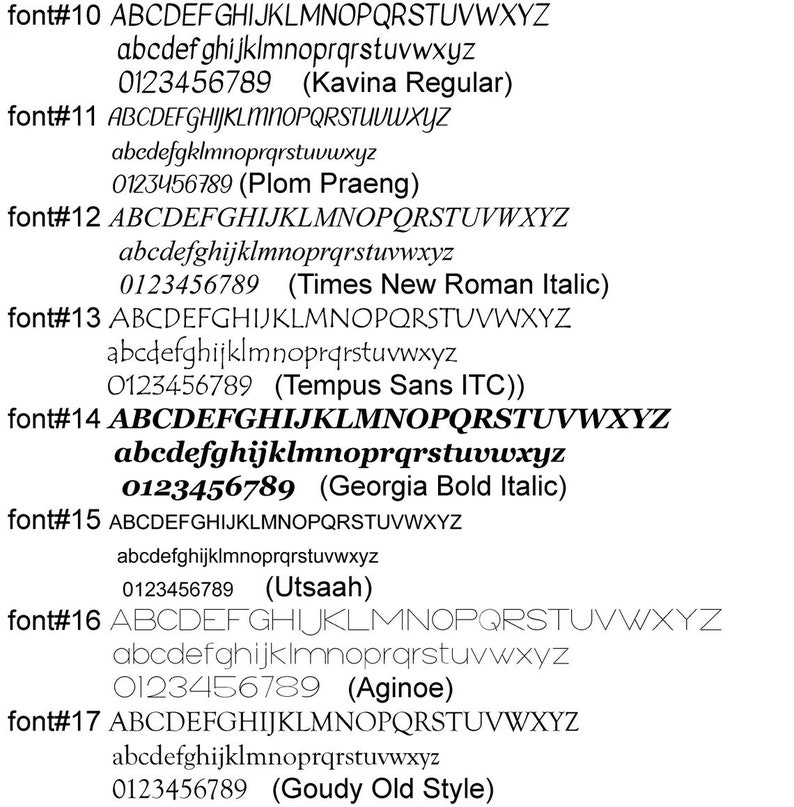 May include: A list of different fonts with their names and a sample of the font in uppercase letters, lowercase letters, and numbers. The fonts include Kavina Regular, Plom Praeng, Times New Roman Italic, Tempus Sans ITC, Georgia Bold Italic, Utsaah, Aginoe, and Goudy Old Style.