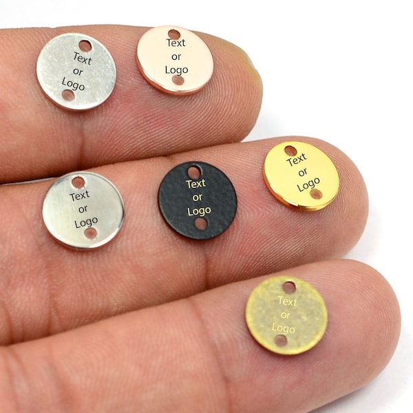 Custom Laser Engraved Charms , Round Jewelry Tag With 2 Holes  , 10 mm x 0.8 mm , Customized Logo Tag , L87