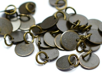 50 Pieces Antique  Brass  8 mm (5/16" ) Round Disc with Jump Ring Attached Charms Findings  AB487