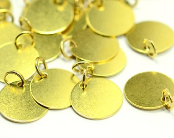 15 Pieces Raw Brass 12 mm (15/32" ) Round Disc with Jump Ring Attached Charms Findings