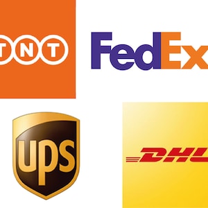 May include: Logos of four major shipping companies: TNT, FedEx, UPS, and DHL. TNT is orange with white text. FedEx is purple and orange. UPS is brown with gold lettering. DHL is red with yellow background.