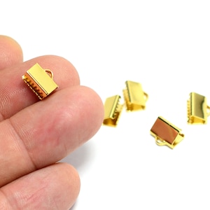Polished Gold Plated Ribbon Crimps , 10  mm Ribbon Crimps End Connectors , Connectors