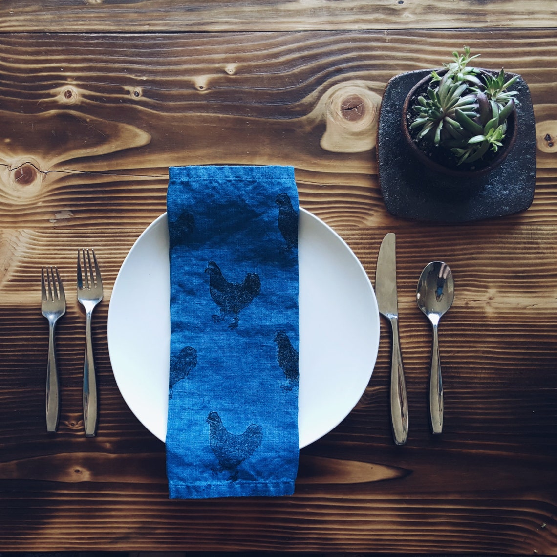 Custom Napkin Set 24 100 Linen Indigo Dyed Hand Printed With Black