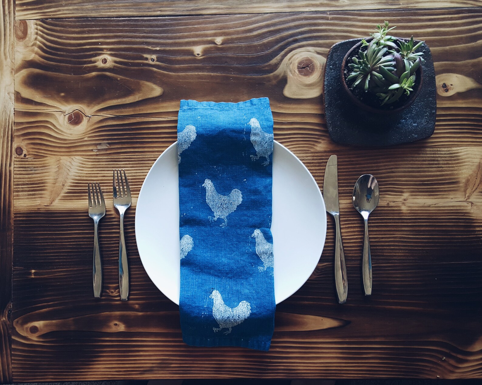 Custom Napkin Set 24 100 Linen Indigo Dyed Hand Printed With Black