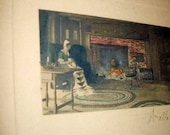 Wallace Nutting Antique Hand Colored Original Signed Photograph Lady Sewing by Fireplace