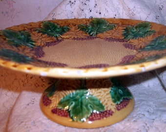 Majolica Pottery Cake Stand Grape Leaves Berries Footed Pedestal Antique Compote Tazza Serving Plate Late 1800s