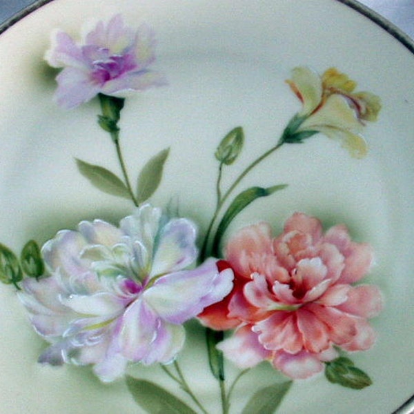 Carnation Flowers Handpainted Antique Plate Bavaria Double Handled Large 11 Inch Platter Z S & CO Royal Munich Curio Cabinet Display Plate