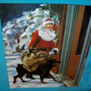 Santa Claus Delivering Presents Rottweiler Dog Companion Vintage Lithograph Print Holiday Theme Ready To Frame