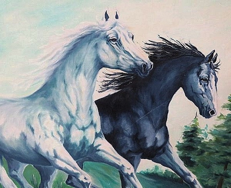 Wild Mustang Black and White Horses Running Original Oil Painting on ...