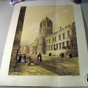Oxford England Christ Church 1840 Original Antique Engraving Hand Colored Print Home Decor Picture Art Wall Hanging