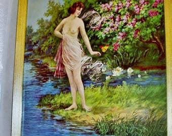 Goddess Nude Woodland Nymph Scantly Clad Butterfly Blue Water Lilac Bushes Art Deco Gal Original 1920 Vintage Lithograph Framed Print