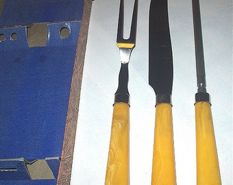 Kitchen Utensils Vintage Bakelite Catalin 3 Piece Set of Unused Butterscotch Yellow Handles Utensil Carving Fork Knife and Sharpener