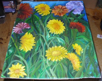 Pintura al óleo antigua de jardín de flores de dalias a bordo, impresionantes colores brillantes, tamaño grande, sin marco, decoración de pared para el hogar, imagen colgante